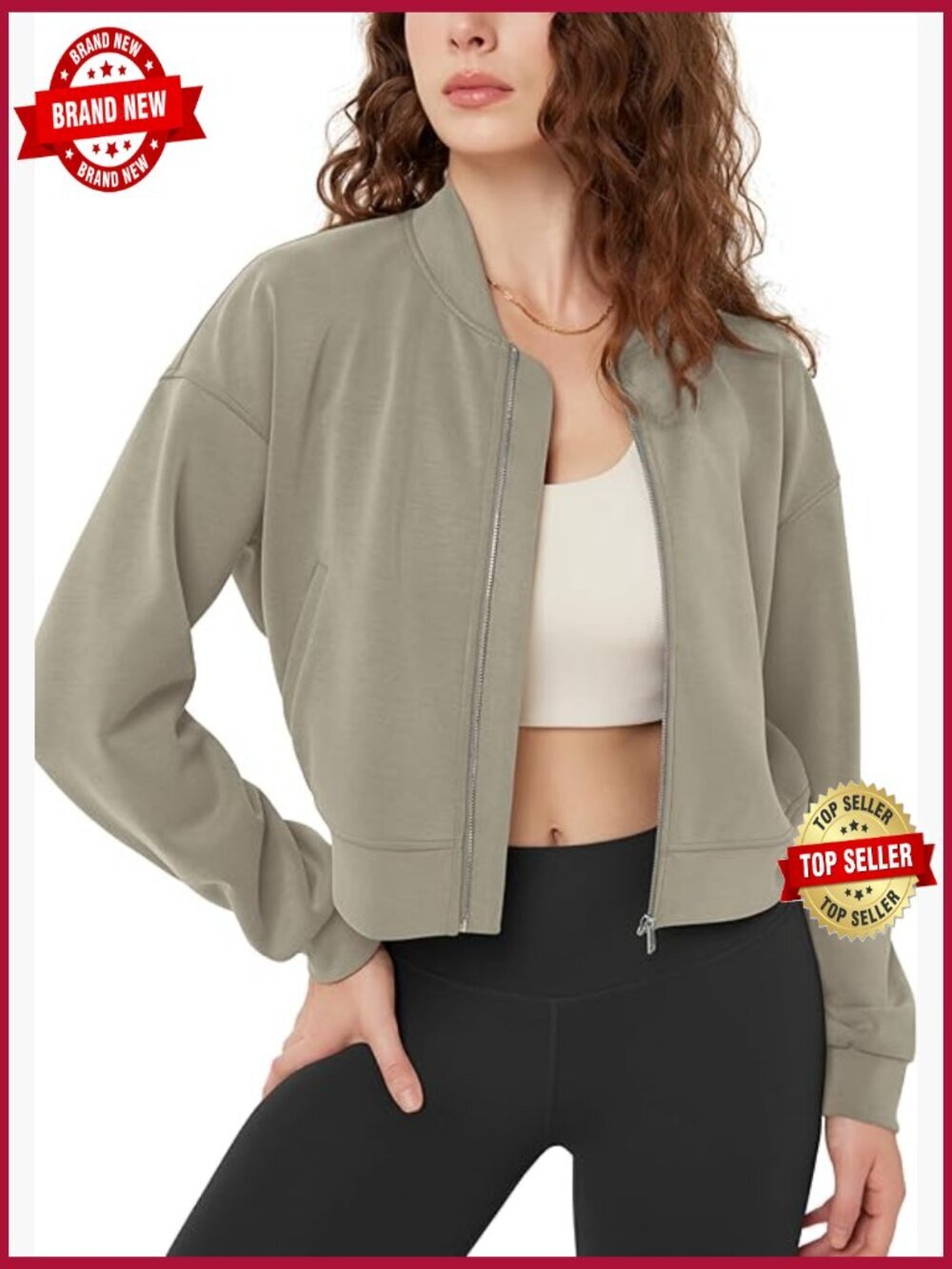 Modal Full-Zip Bomber Jacket Women Long Sleeve Crop Top Pockets Fall Outfit